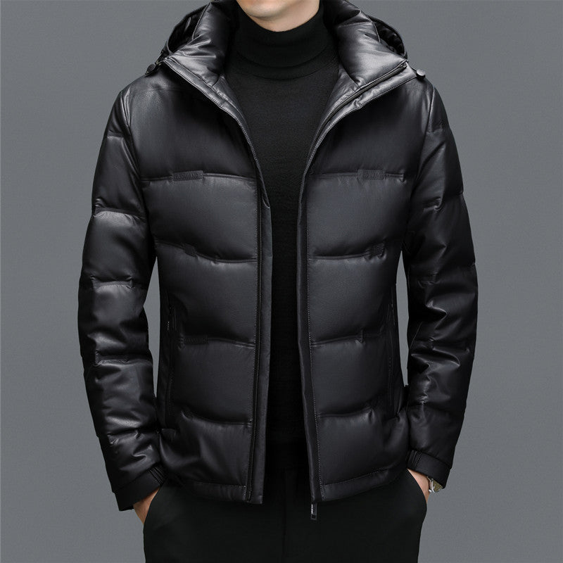 Men's Casual Solid Color White Duck Down Warm Hooder Leather Coat - globaltradeleader