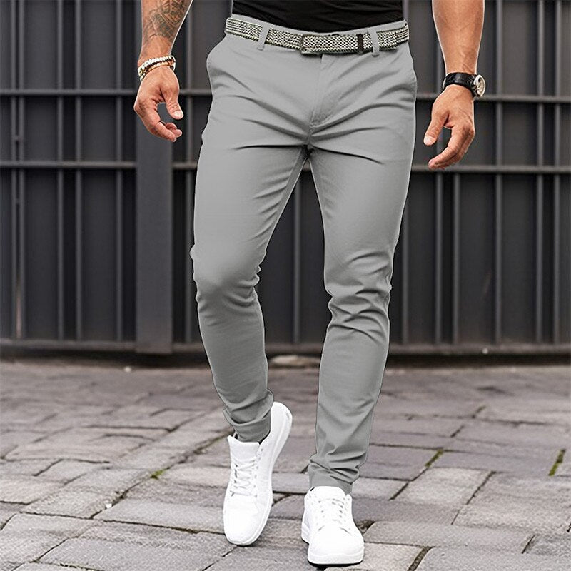 Men's Pure Color Tight Pocket Zipper Business Casual Slim-fitting Trousers - globaltradeleader