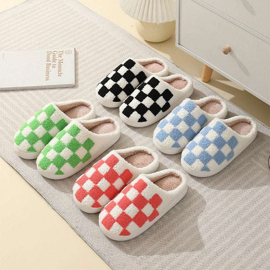 Checkerboard Print Slippers Winter House Shoes Men And Women Couple Home Floor Warm Cotton Slippers - globaltradeleader