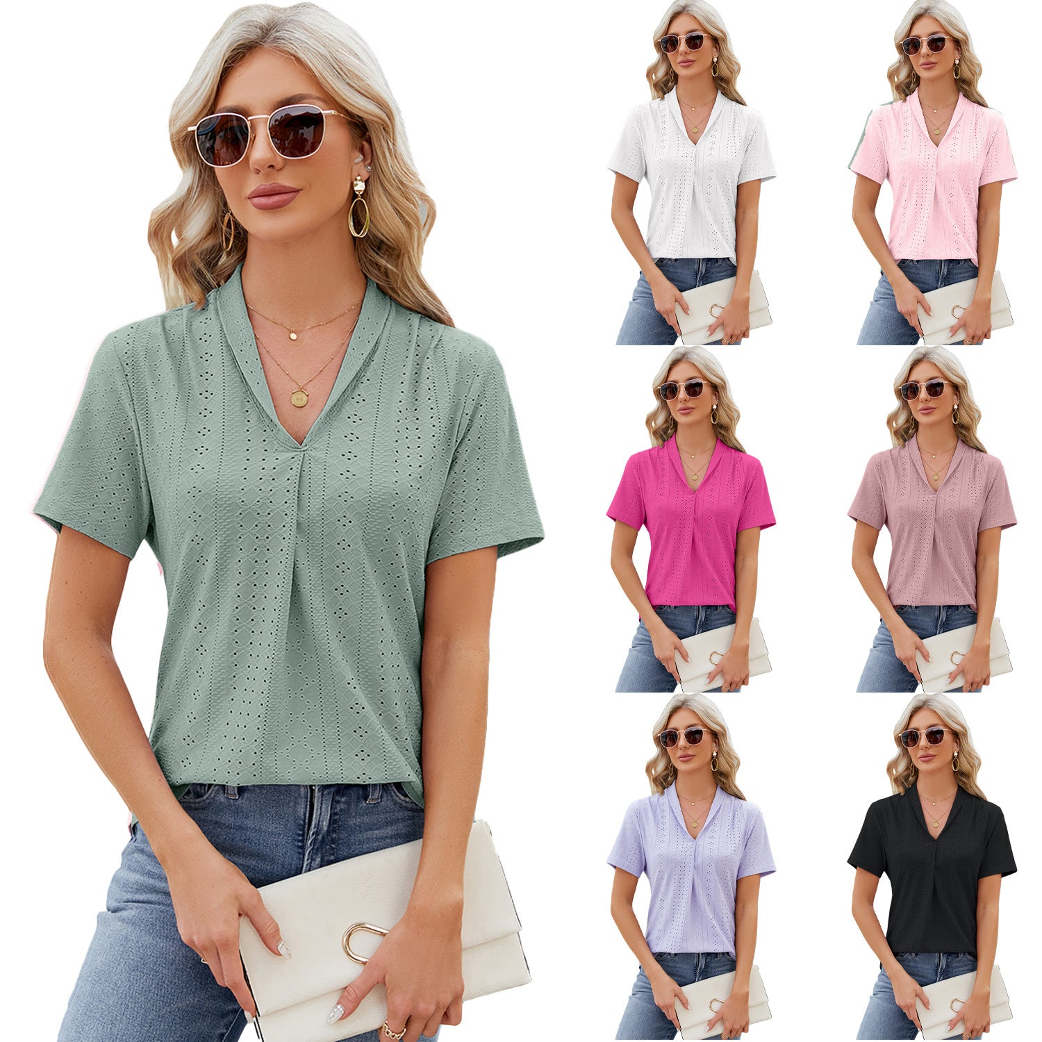 V-neck Hollow Design T-shirt Summer Loose Short-sleeved Top For Womens Clothing - globaltradeleader