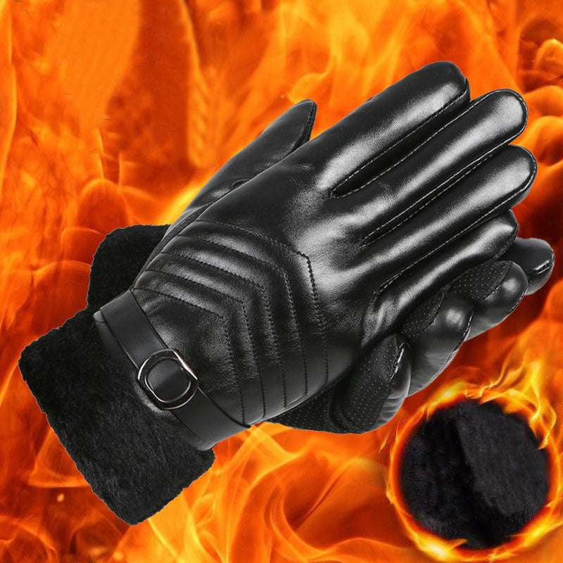 Winter Leather Gloves For Men And Women Velvet Thickened Cold-proof Warm Cycling Anti-slip Touch-screen Large Fleece Gloves - globaltradeleader