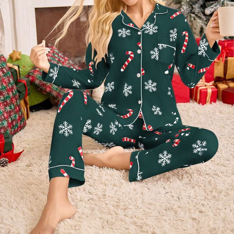 Holiday Pajamas Women's Lapel Cardigan Long Sleeve Pants Suit Women's