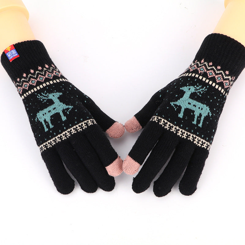 Women's Cute Animal Deer And Snowflake Knitted Gloves Full Finger Winter Gloves Touch Screen Gloves Beautiful Christmas Gift - globaltradeleader
