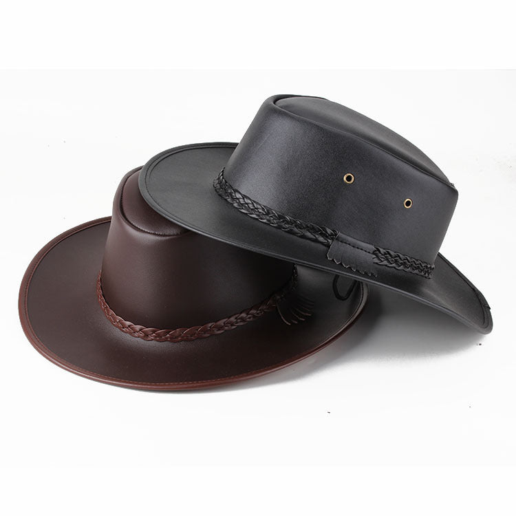 Solid Colour Leather Cord Large Brimmed Sun Visor Cowboy Hat - globaltradeleader