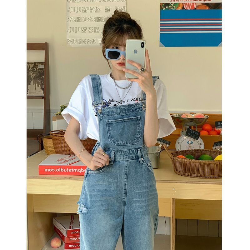Ripped Denim Suspender Pants Women's Spring Versatile Ins High Waist Straight Wide Leg Mop Trousers Women's - globaltradeleader
