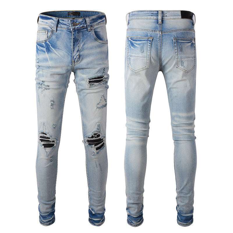 High Street Fashion Brand Light Blue Hole & Patch Stretch Slim Fit Skinny Jeans For Men - globaltradeleader
