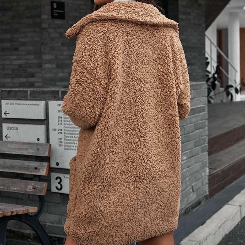 Single Breasted Bubble Fleece Jacket Loose Lapel Lamb Fleece Trench Coat - globaltradeleader