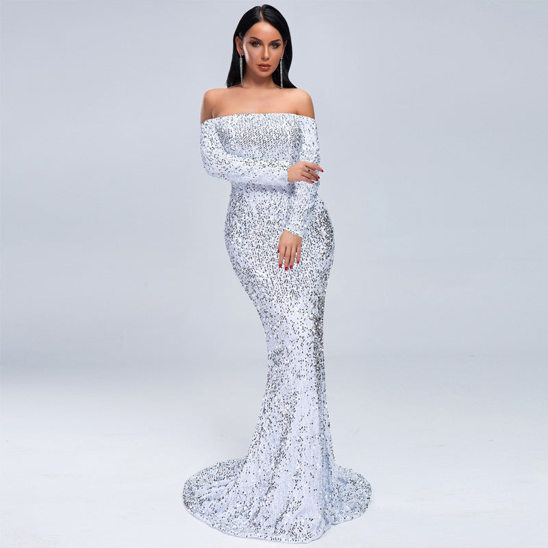 Sexy Strapless Long Sleeve Sequins Party Evening Dress - globaltradeleader