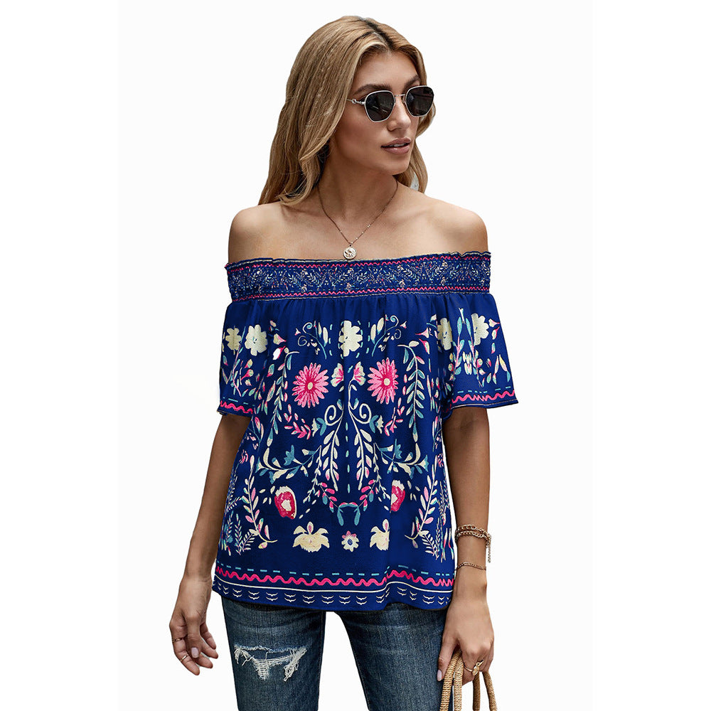 Women's Printed T-shirt Loose Off Shoulder Top - globaltradeleader