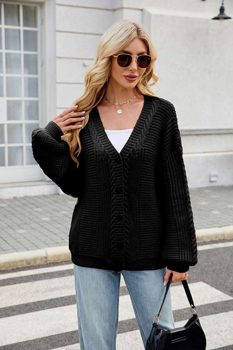 Women's Loose Long-sleeved V-neck Twisted Knitted Sweater Coat