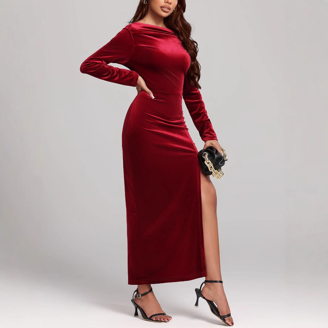 Women's Clothing Slit Formal Dress Pleuche Dress - globaltradeleader