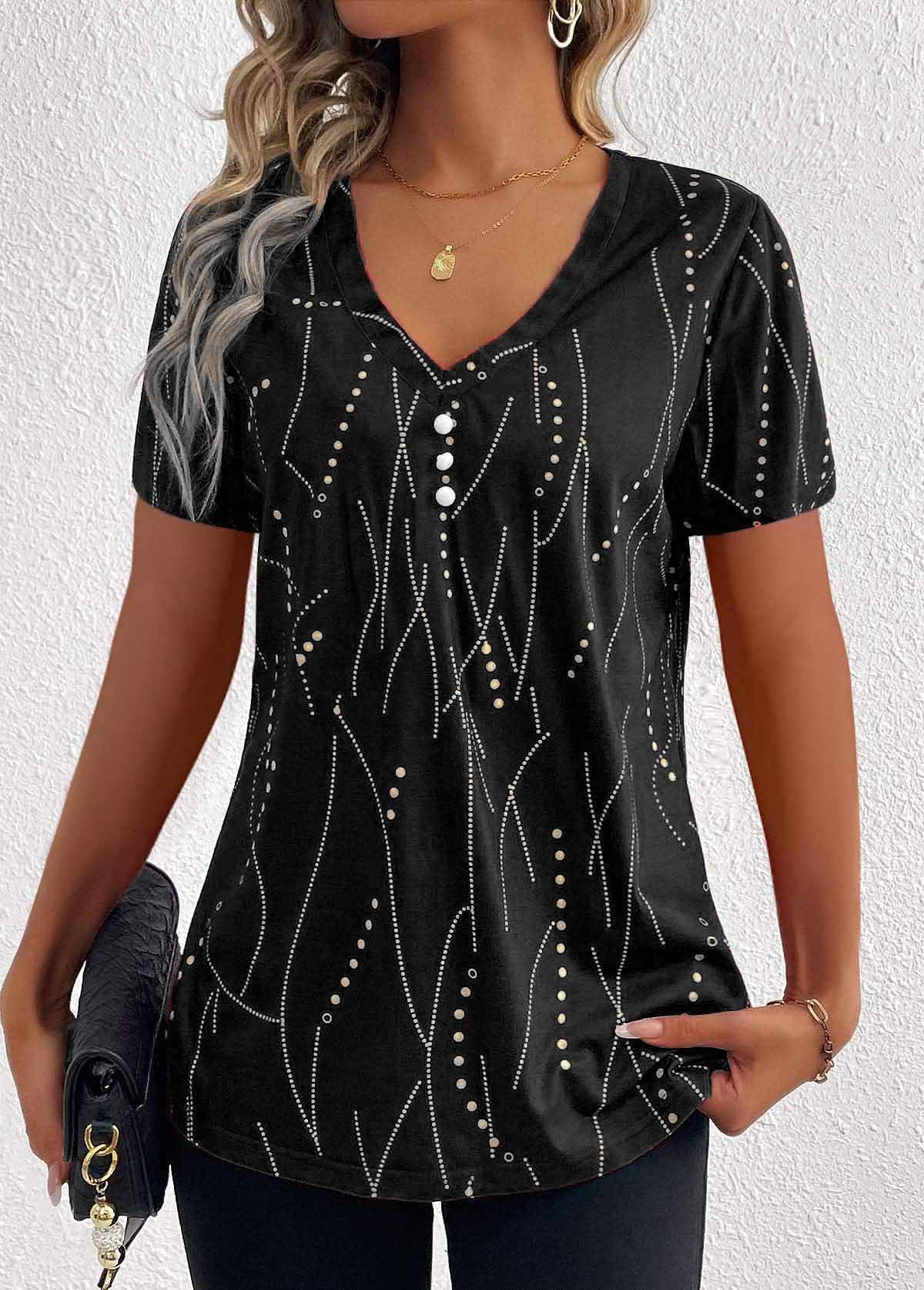 New V-neck Printed Button T-shirt Summer Fashion Leisure Short-sleeved Top Womens Clothing - globaltradeleader