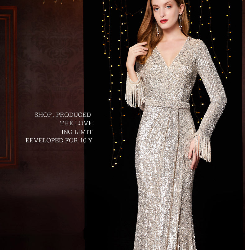 Temperament Banquet Ladies Sequined Annual Meeting Host Long Evening Dress