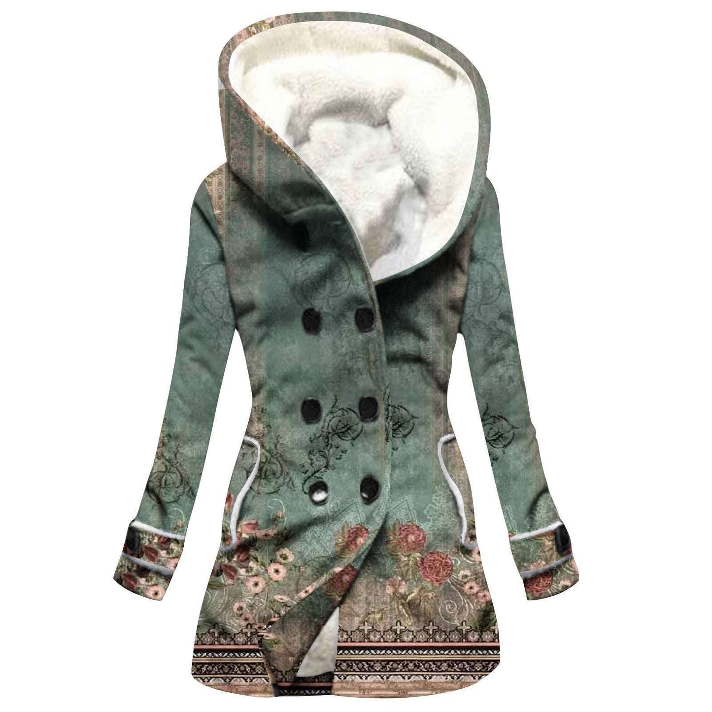 Women's Windbreaker Winter Thickened Imitation Lamb Stitching Floral Hooded - globaltradeleader