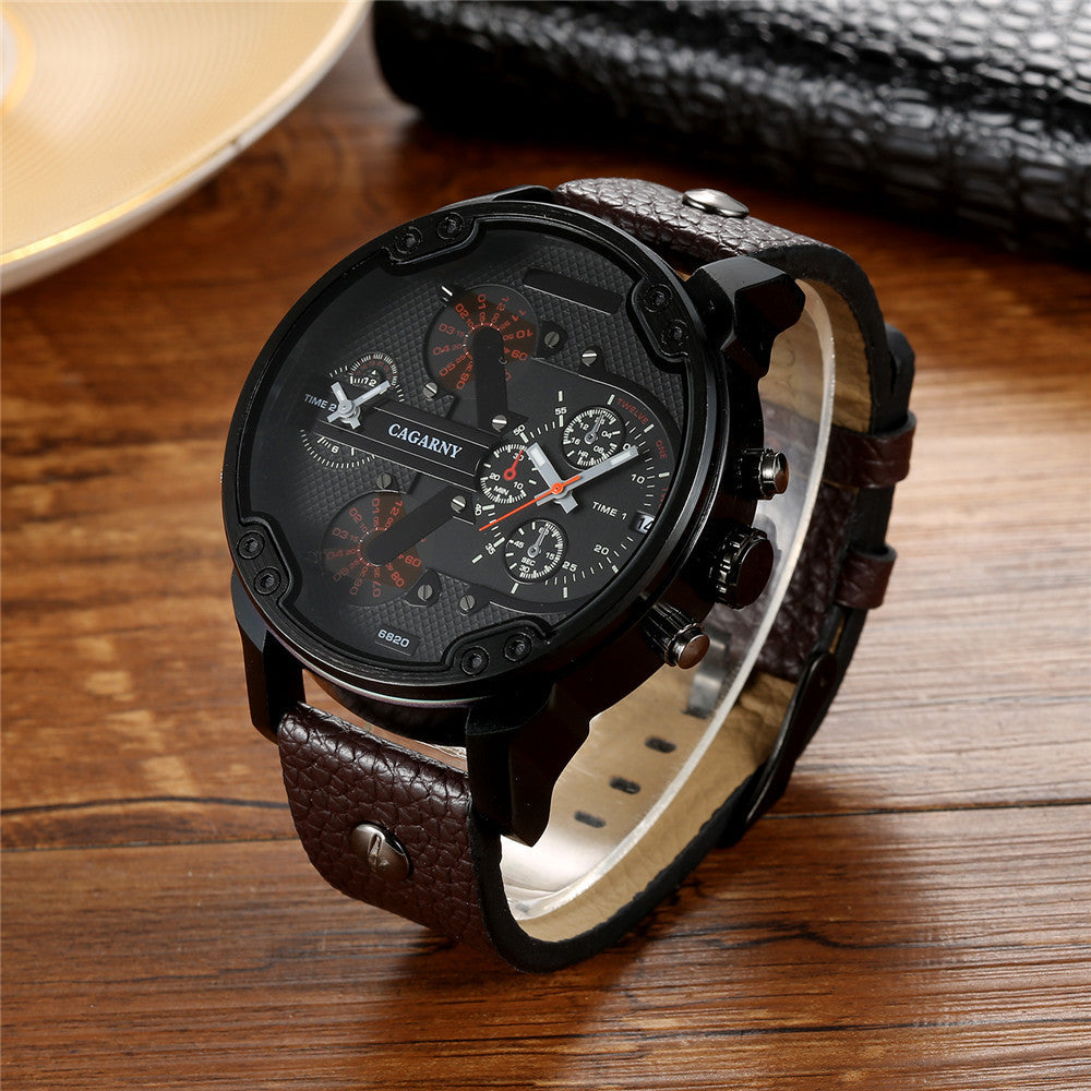 Watch Men's Quartz Watch Double Time Zone Large Dial Black Shell Leather - globaltradeleader