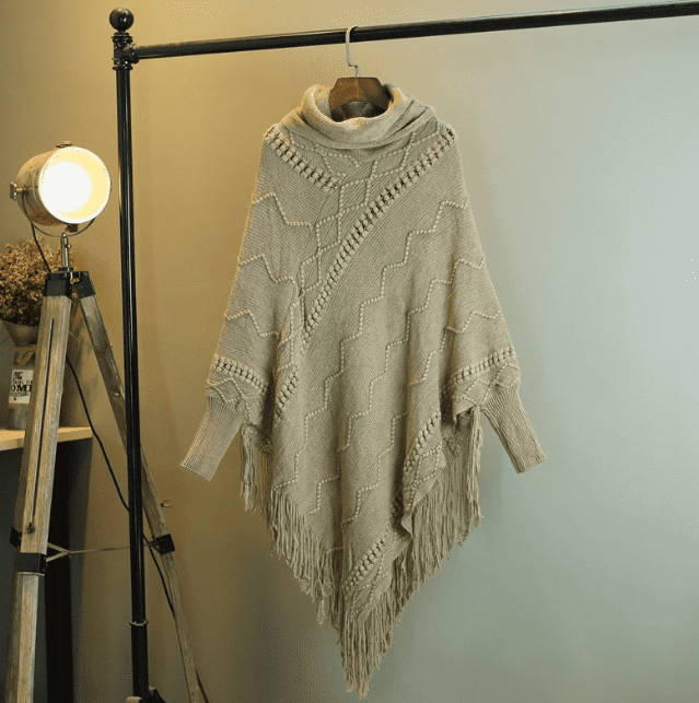 Autumn And Winter New Tassel Knitwear Shawl High Collar Warm Batwing Sleeve Pullover