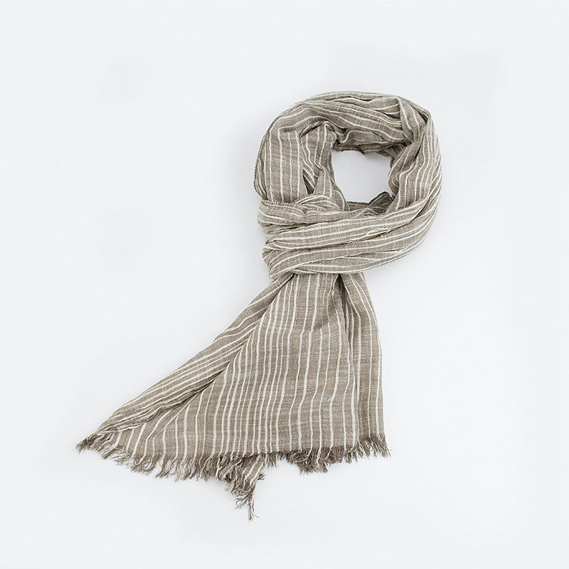 Cotton And Linen Scarf Japanese Literary Style Striped Fringed Drape