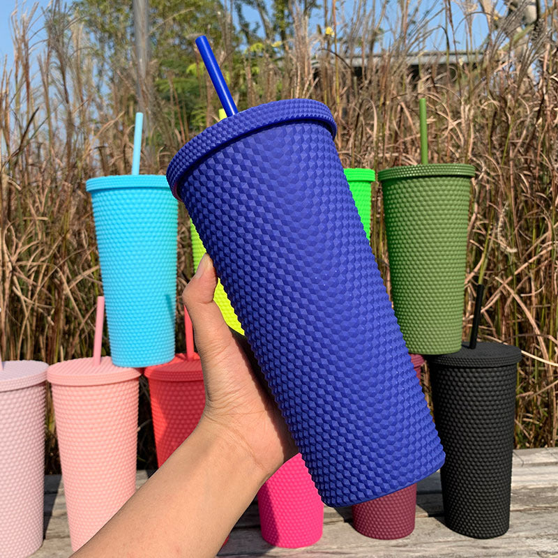 Outdoor Plastic Double Frosted Mug With Straw