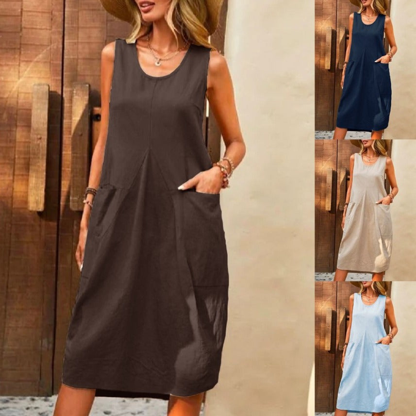 Sleeveless U-neck Dress With Pockets Design Casual Solid Color Loose Dresses Summer Fashion Womens Clothing - globaltradeleader