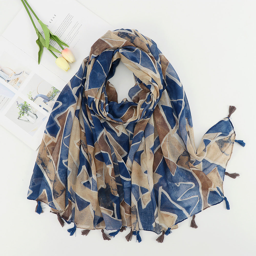 New Voile Tassel Retro Printed Geometric Versatile Fashion Travel Sun Protection Shawl Scarf