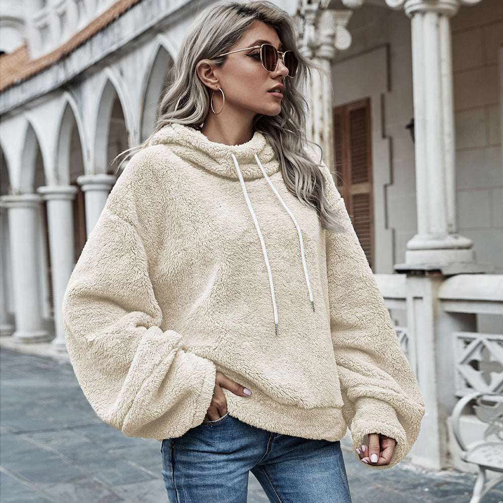 Hooded Solid Color Plush Loose Sweater Women Sweater