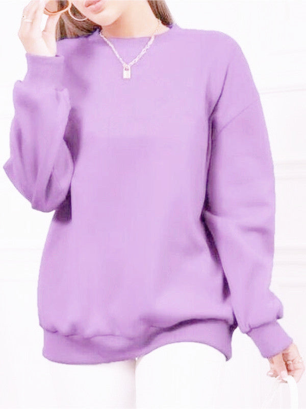 Fleece-lined Thick Round Neck Loose-fitting Solid Color Long Sleeves Sweater - globaltradeleader