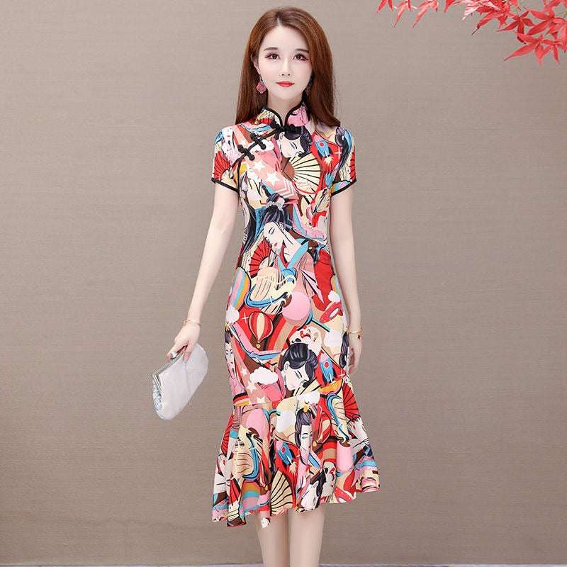 Women's Printed Graffiti Cheongsam Dress
