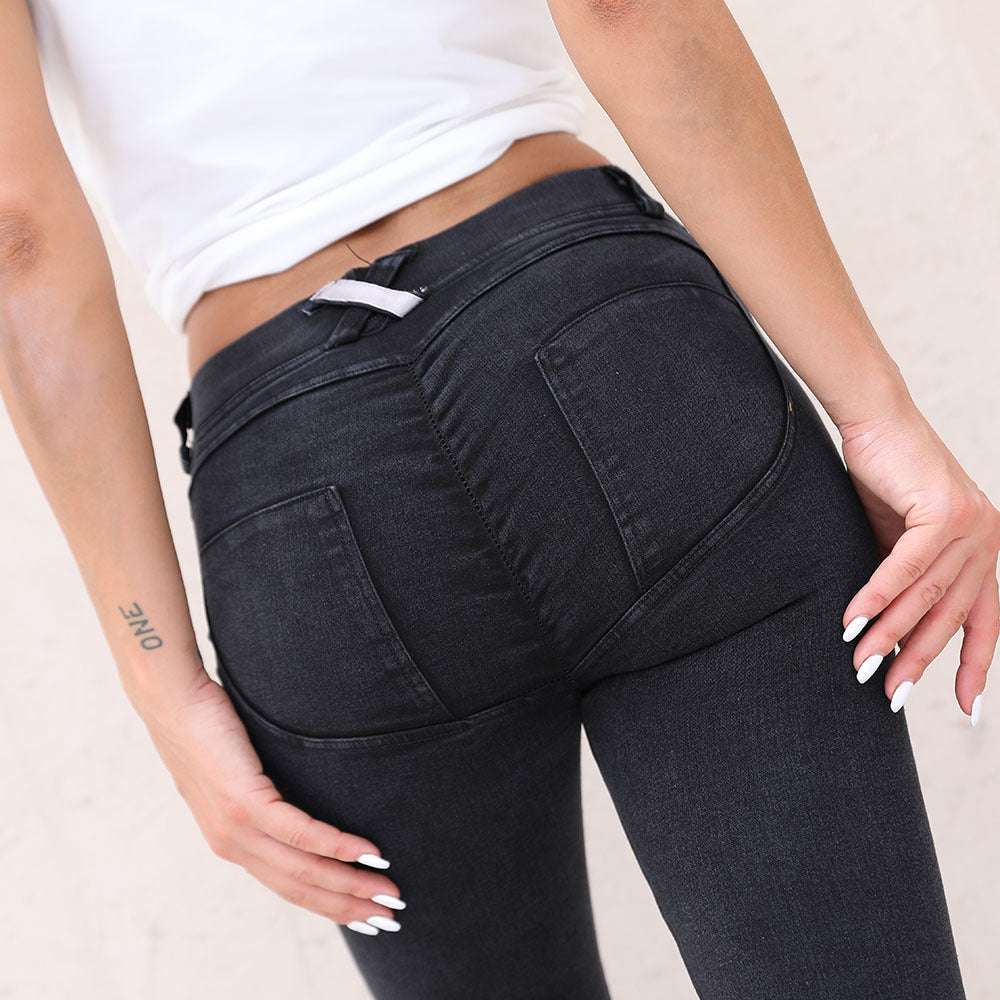 Knitted denim stretch peach hip jeans yoga pants - globaltradeleader
