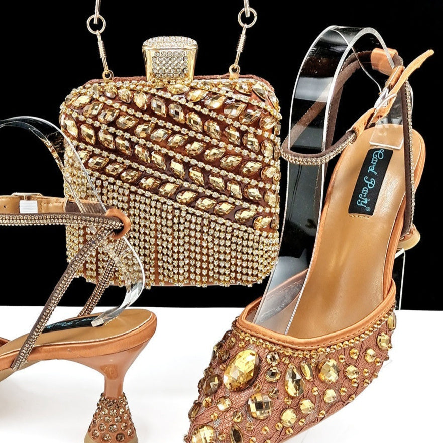 Large Rhinestone High Heel Sandals Three-dimensional Tassel Handbag Set - globaltradeleader