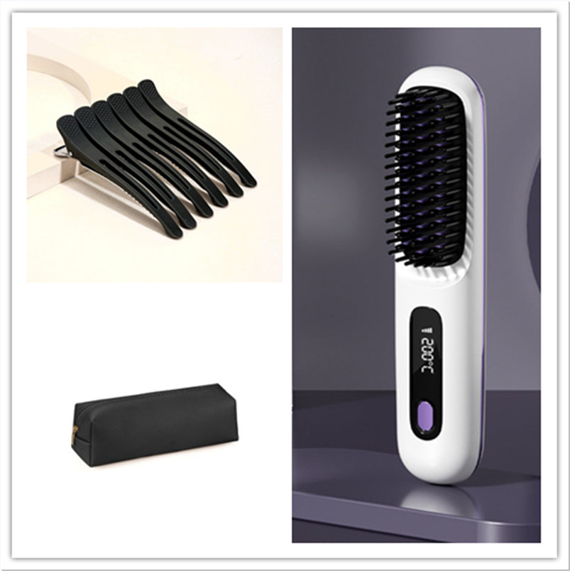 2 In 1 Straight Hair Comb Wireless Hair Straightener Brush Hair Fast Heating Portable Hot Curler USB Charging - globaltradeleader