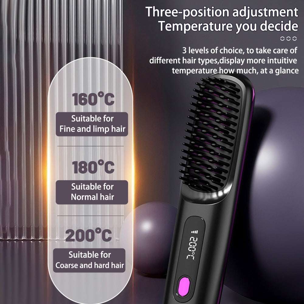 2 In 1 Straight Hair Comb Wireless Hair Straightener Brush Hair Fast Heating Portable Hot Curler USB Charging - globaltradeleader