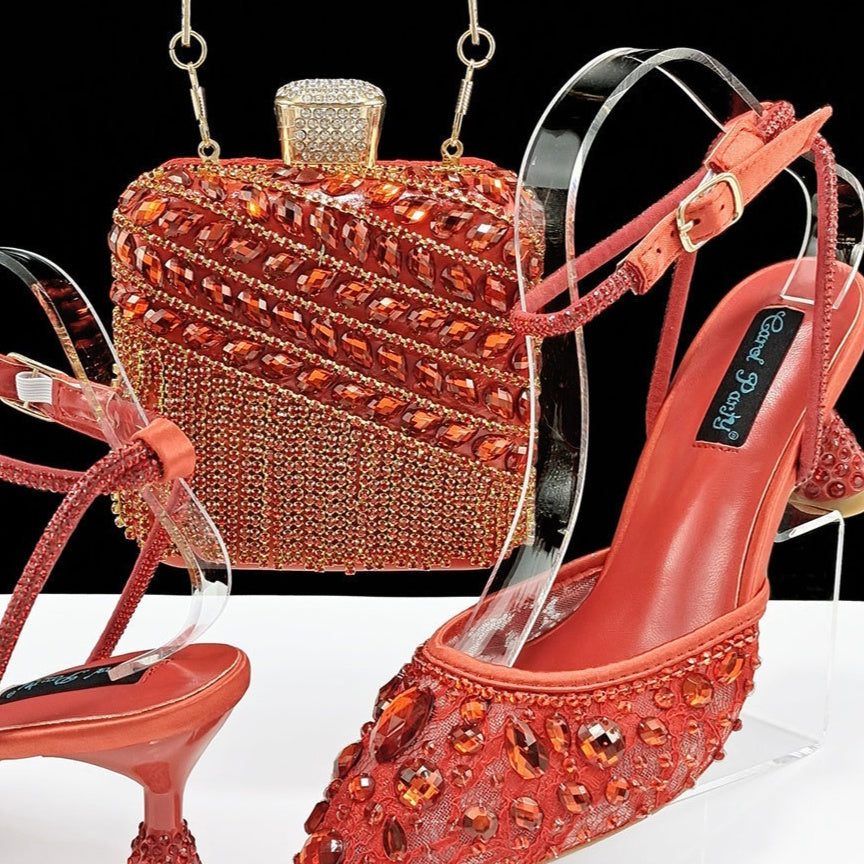 Large Rhinestone High Heel Sandals Three-dimensional Tassel Handbag Set - globaltradeleader