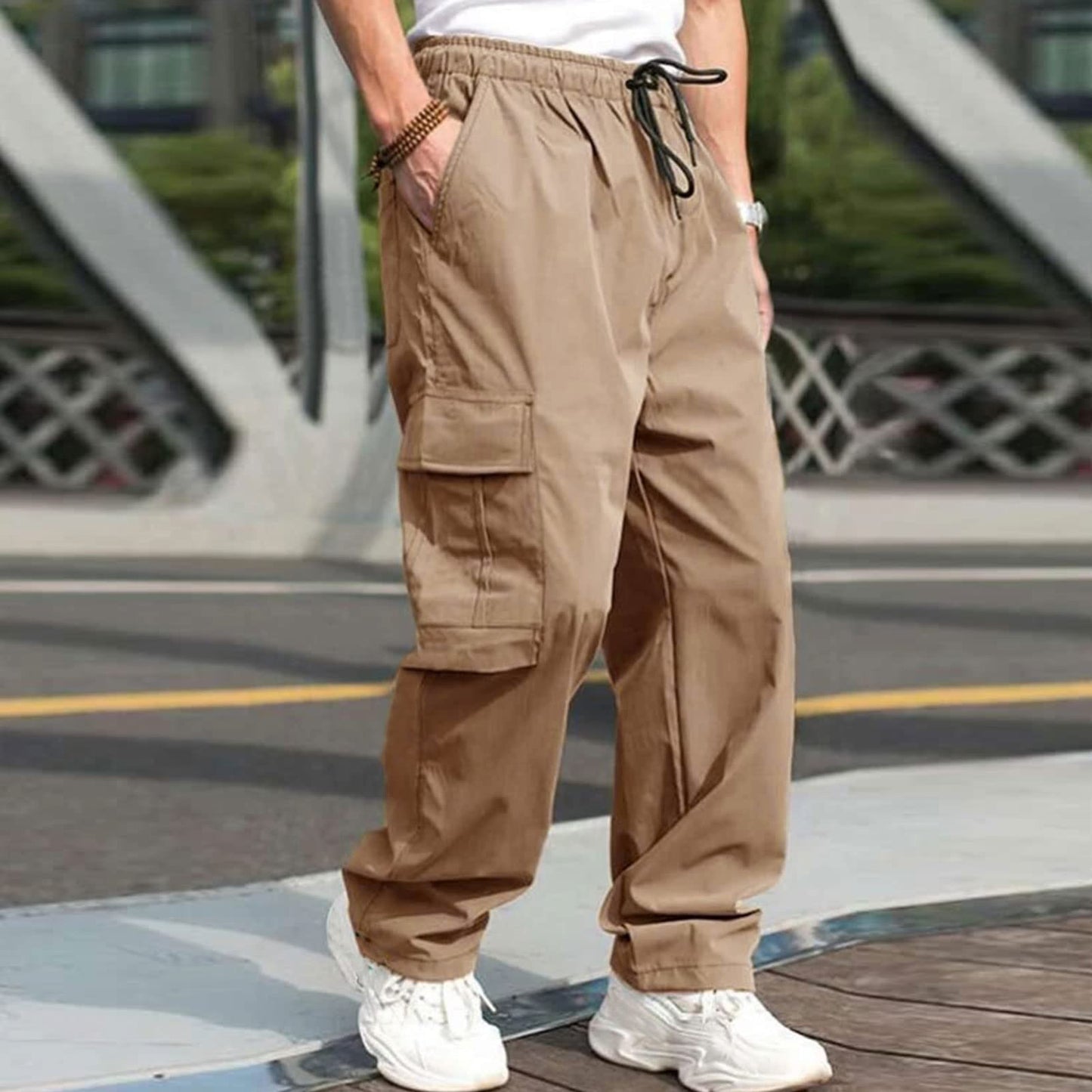 Casual Cargo Pants For Men Loose Straight Drawstring Waist Trousers With Pockets - globaltradeleader