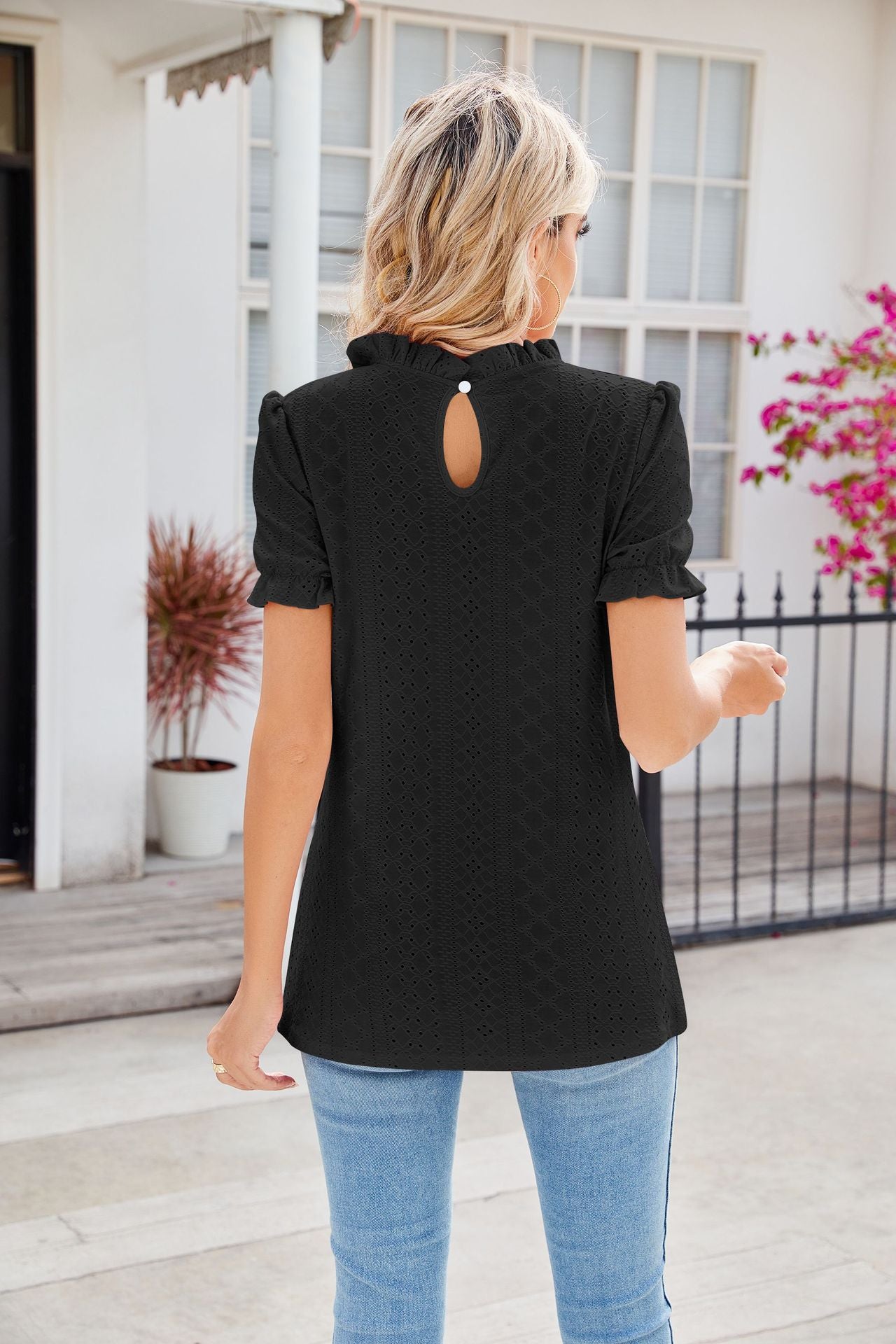 New Fashion Lacework Round Neck Top Summer Puff Sleeves Hollow Design Loose Pleated T-shirt For Womens Clothing - globaltradeleader