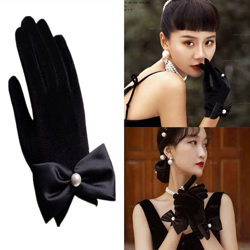 Black Satin Fabric Gloves Long Bag Finger Evening Dress Banquet Photography Jewelry Hepburn Style - globaltradeleader