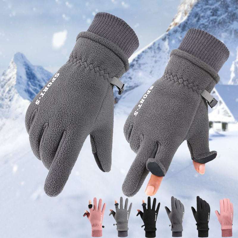 Outdoor Ski Riding Gloves Winter Polar Fleece Flip Cover Winter Gloves Men And Women Plus Velvet Thickened Warm Touch Screen Gloves - globaltradeleader