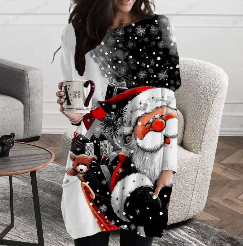 Long Christmas Snowflake Element Round Neck Dress - globaltradeleader