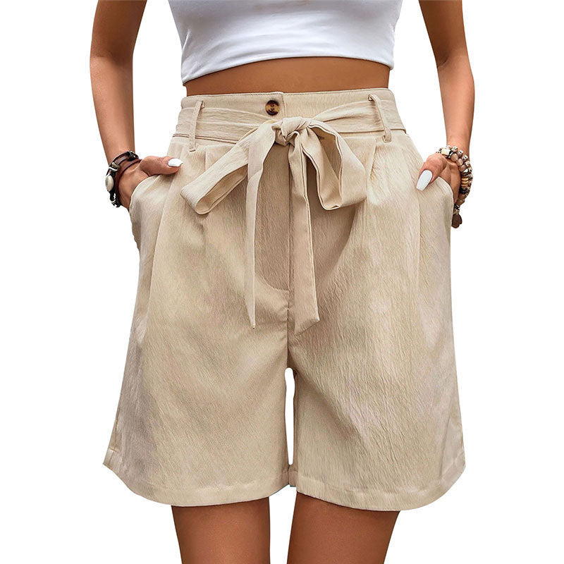Women's Simple Casual Lace Up Elastic Waist Solid Color Shorts - globaltradeleader