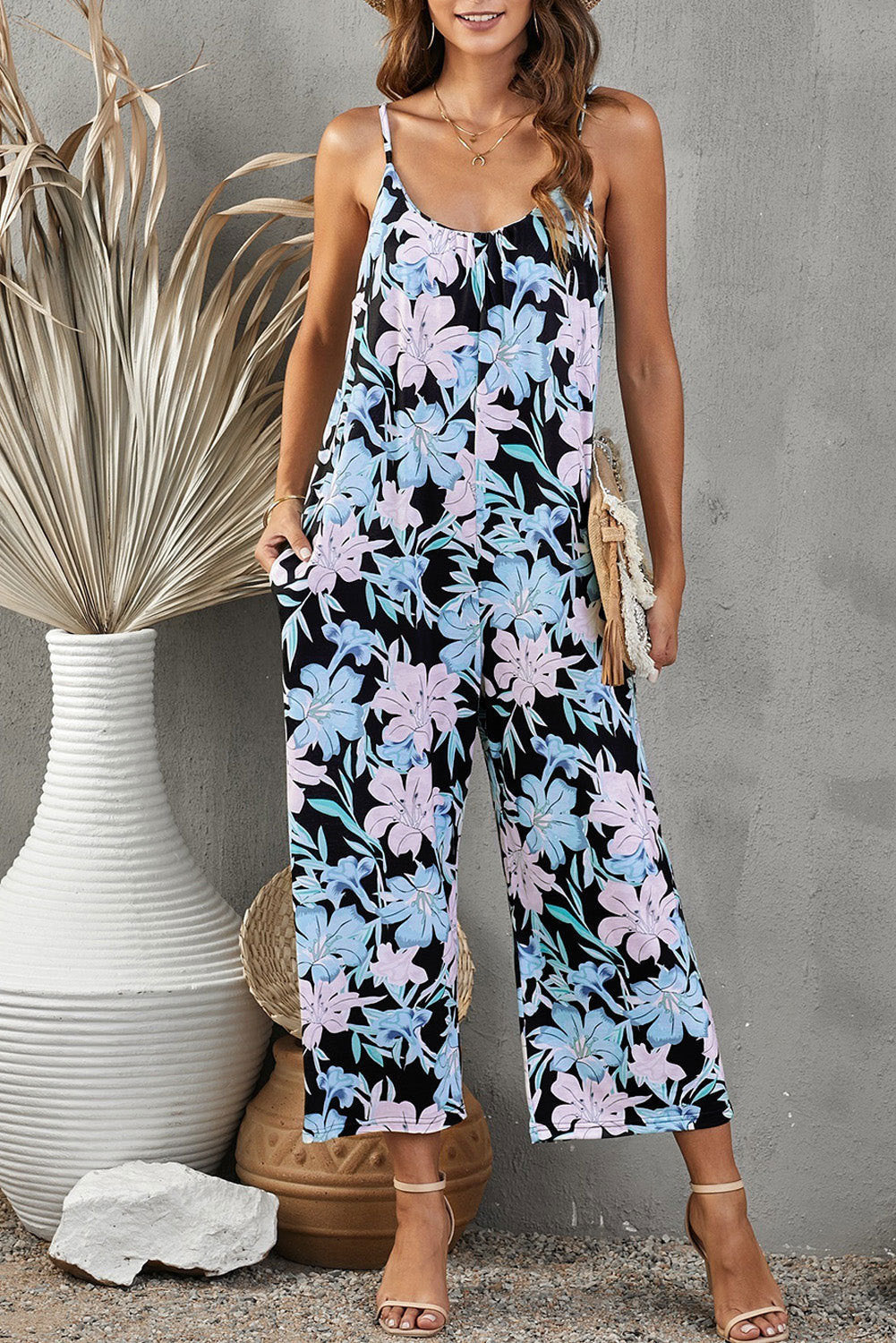 Flowers Print Suspender Jumpsuit With Pockets Spring Summer Fashion Round-neck Overalls For Womens Clothing - globaltradeleader