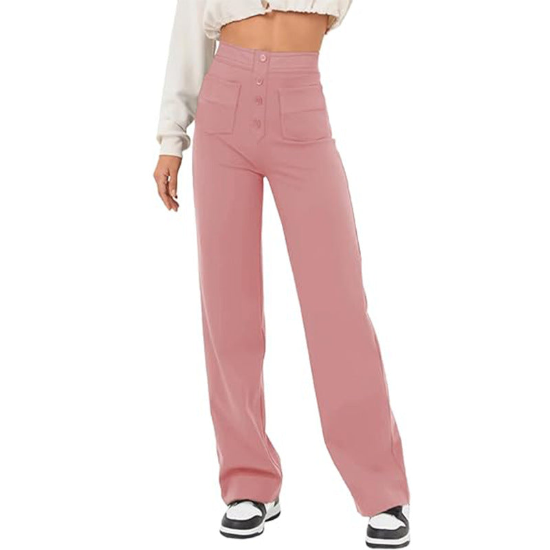 High Waist Trousers With Pockets Casual Loose Wide Leg Button Straight Pants Women's Clothing - globaltradeleader