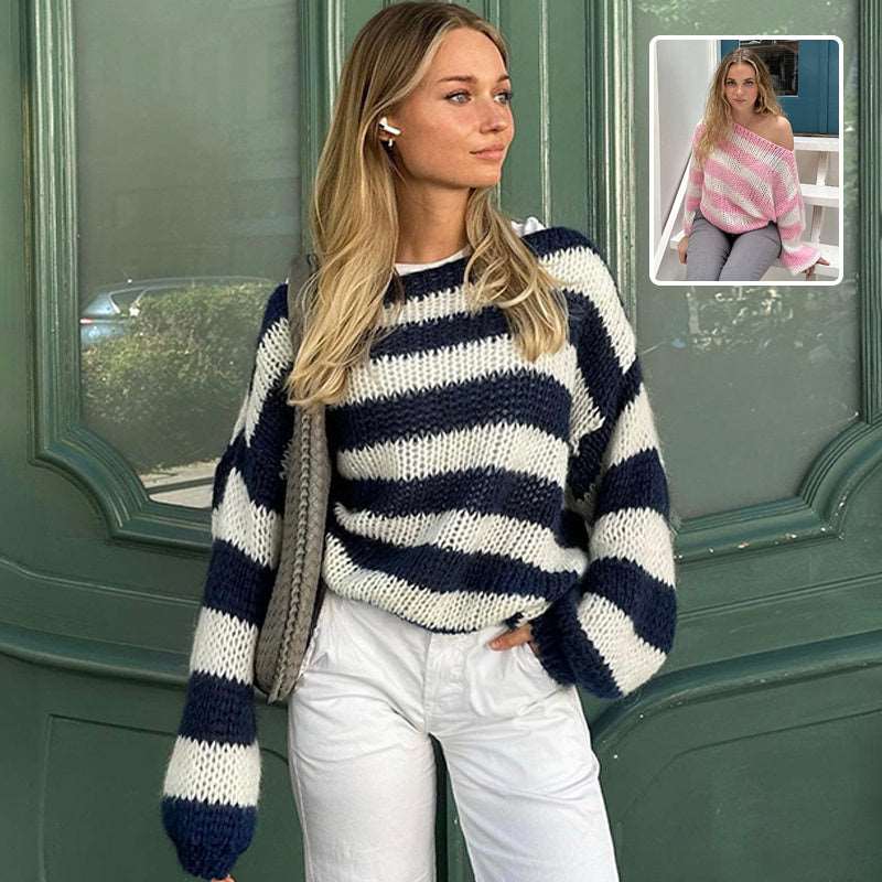 Loose Striped Pullover Sweater Fashion Versatile Long-sleeved Knitted Tops For Women Clothing - globaltradeleader