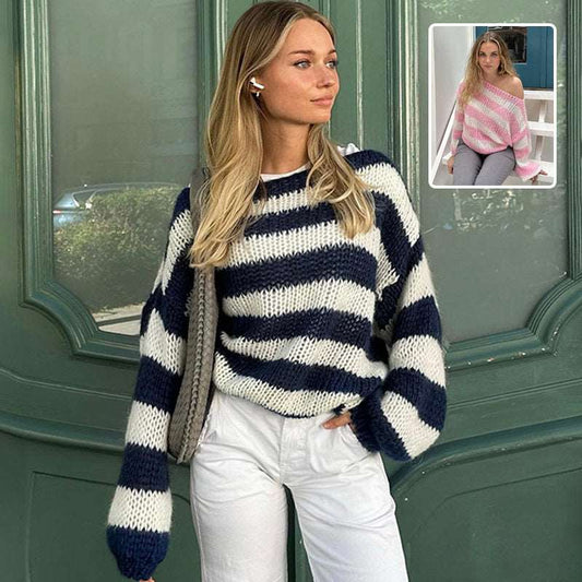 Loose Striped Pullover Sweater Fashion Versatile Long-sleeved Knitted Tops For Women Clothing - globaltradeleader