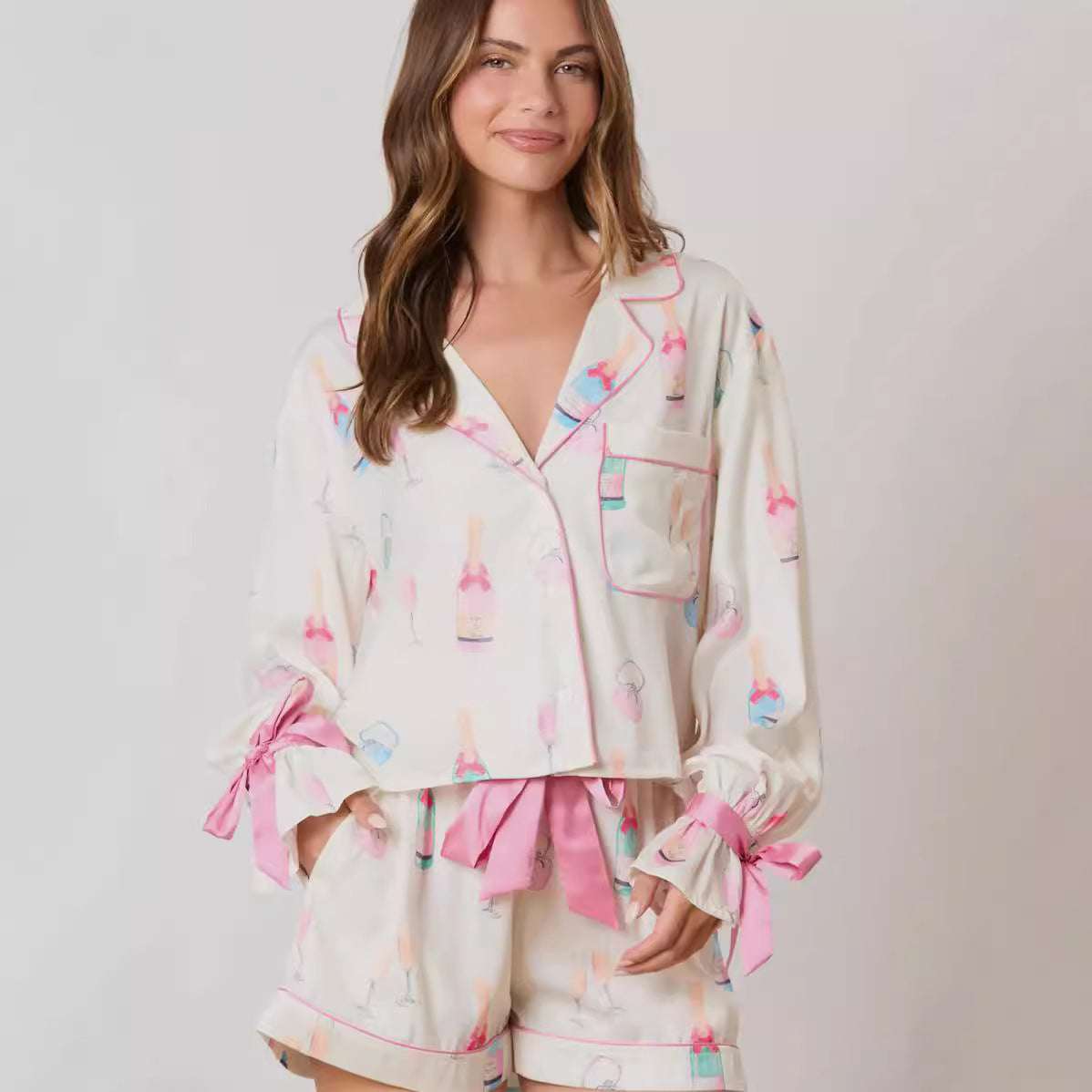 Christmas Bow Long Sleeve Pajamas Shorts Suit - globaltradeleader