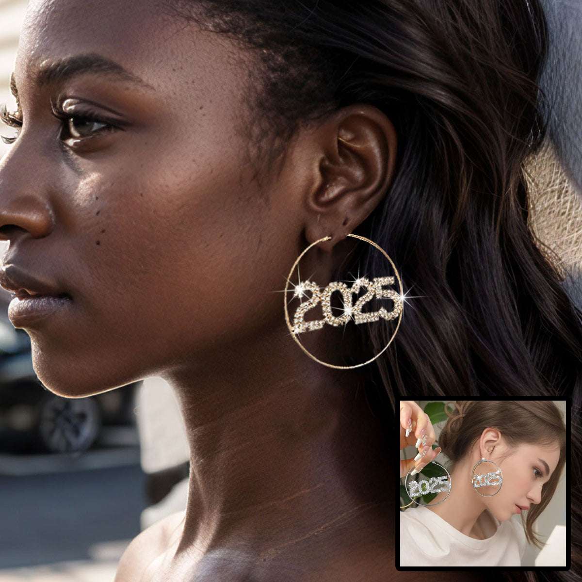 1 Pair 2025 Ring Earrings Fashion Full Rhinestone Digital Earrings Copper Material New Year Party Jewelry Accessories - globaltradeleader