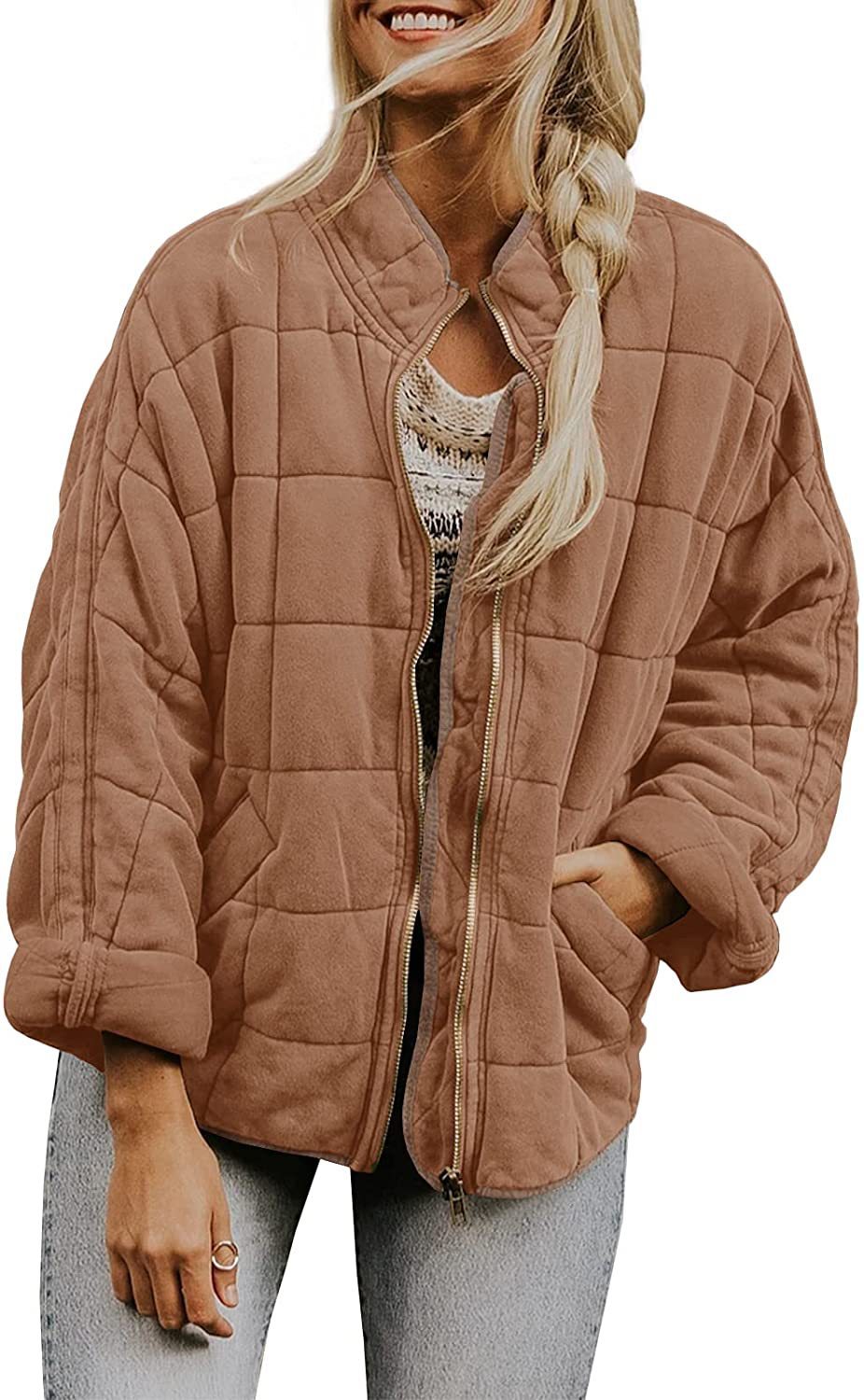 Solid Color Stand Collar Cotto With Loose Pockets Long Sleeved Jacket Women - globaltradeleader