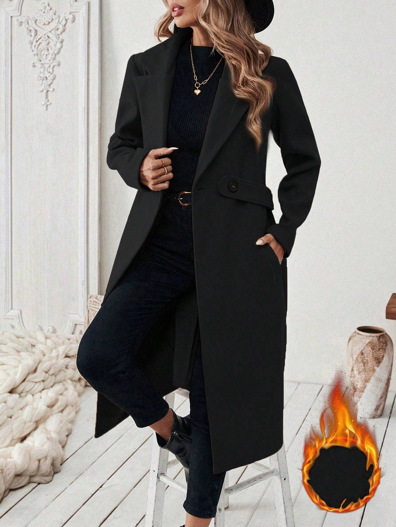 Flat Collar Solid Color Pocket With Belt Long Sleeve Autumn Winter Coat Jacket - globaltradeleader