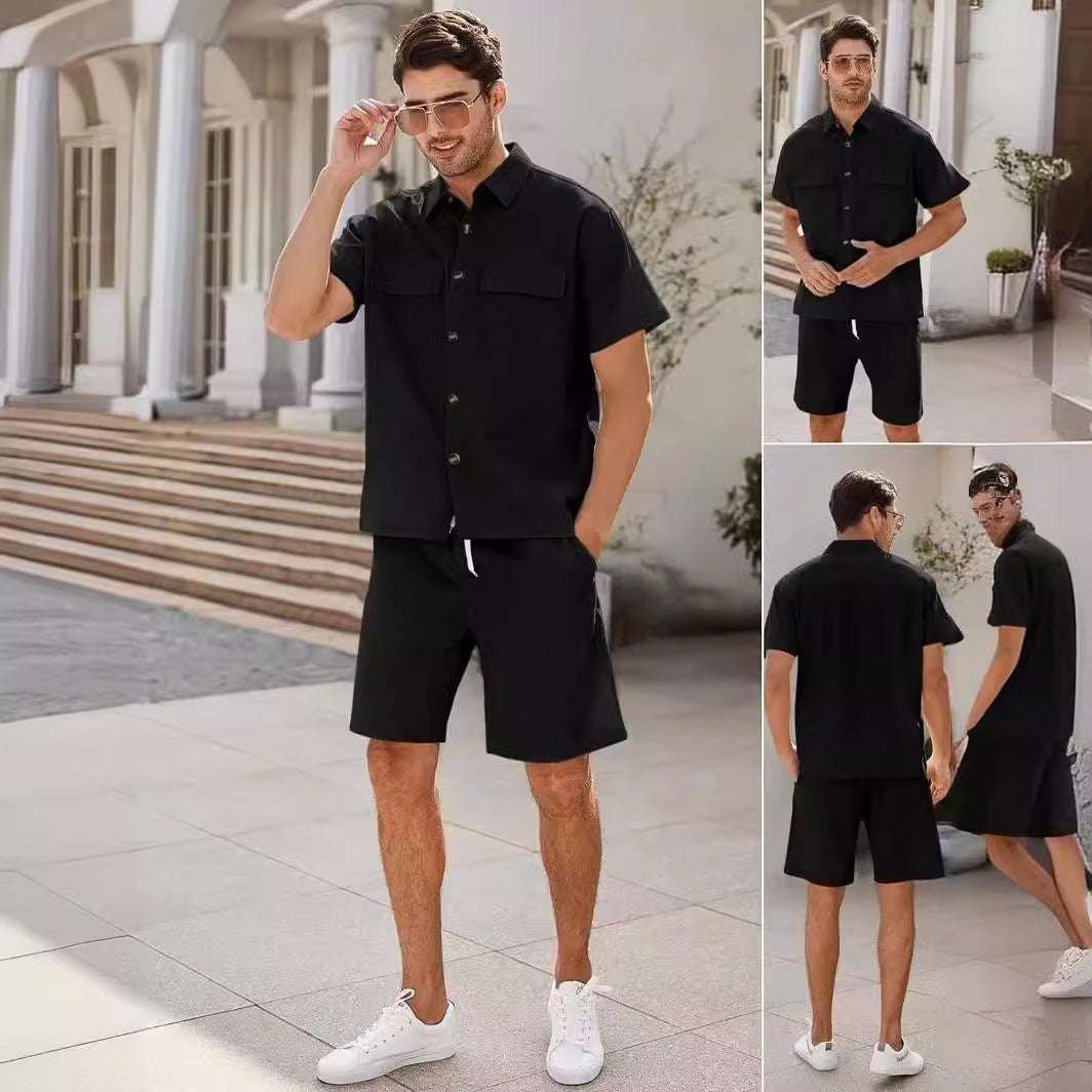 Summer Suits Men Short Sleeve Lapel Pockets Shirt And Drawstring Shorts Sports Fashion Leisure Men's Clothing - globaltradeleader