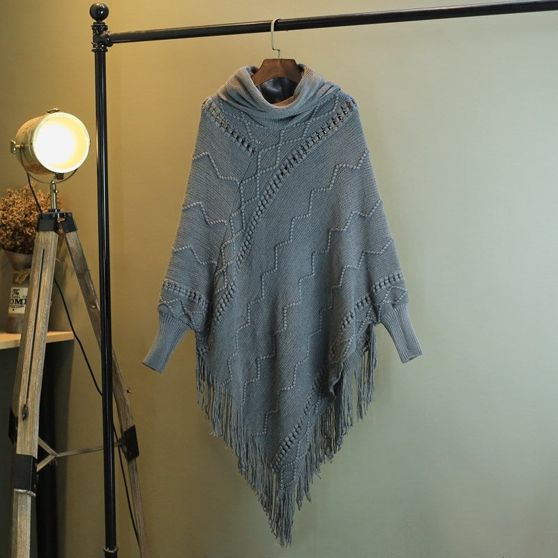 Autumn And Winter New Tassel Knitwear Shawl High Collar Warm Batwing Sleeve Pullover