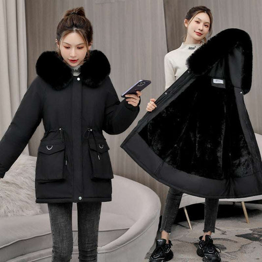 Waist Slimming Elegant Parka Cotton-padded Coat Fur Collar Western Style Velvet Lining Warm Coat - globaltradeleader