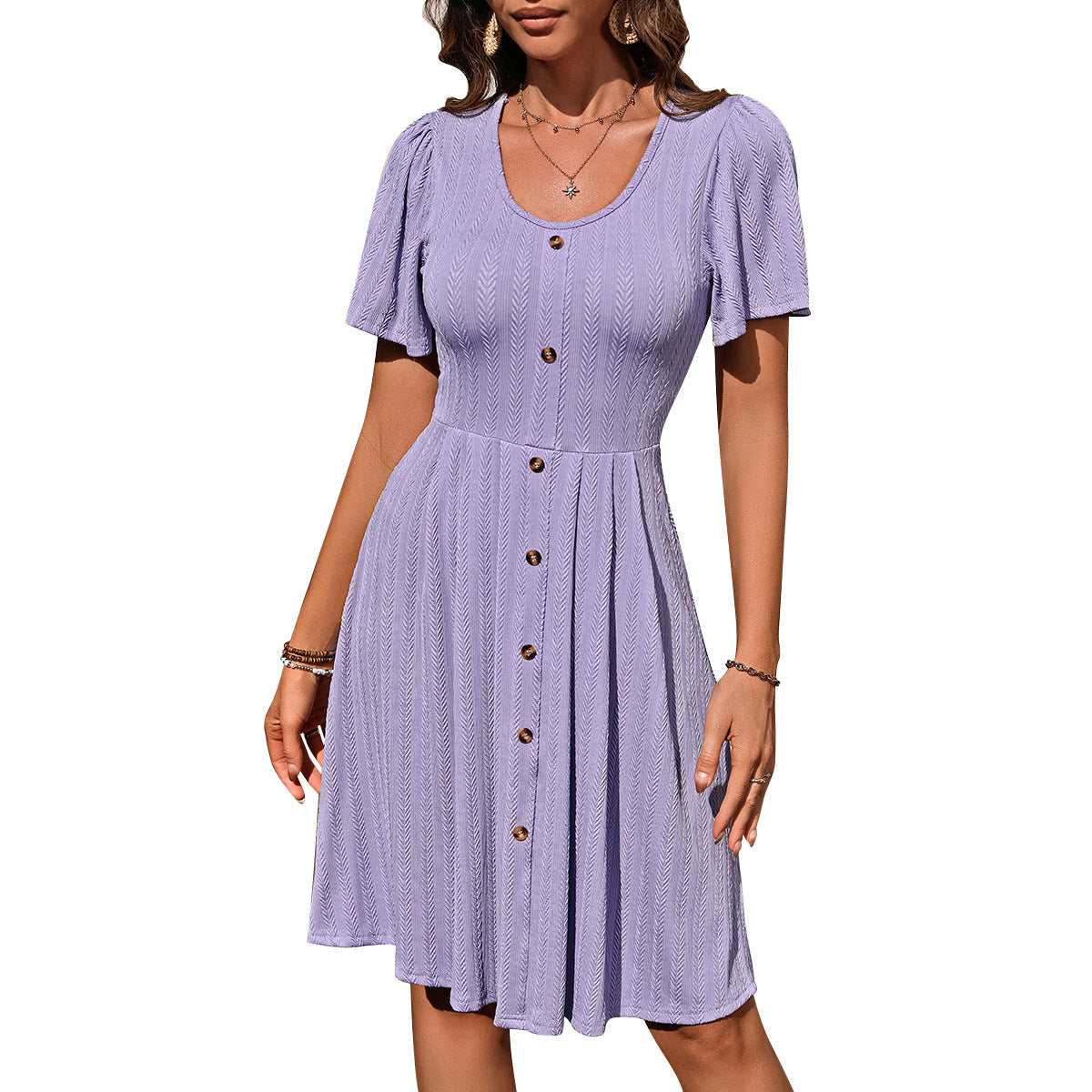 Summer U-neck Short-sleeved Dress With Button Design Fashion Casual Solid Color Holiday Dress For Womens Clothing - globaltradeleader